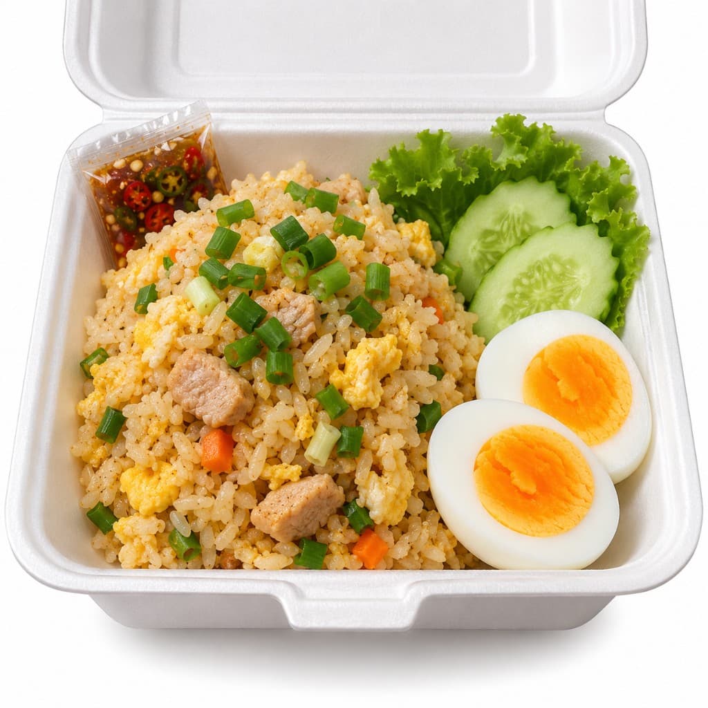 ข้าวผัดไข่ต้ม พร้อมไข่ต้ม ผัก และน้ำจิ้ม